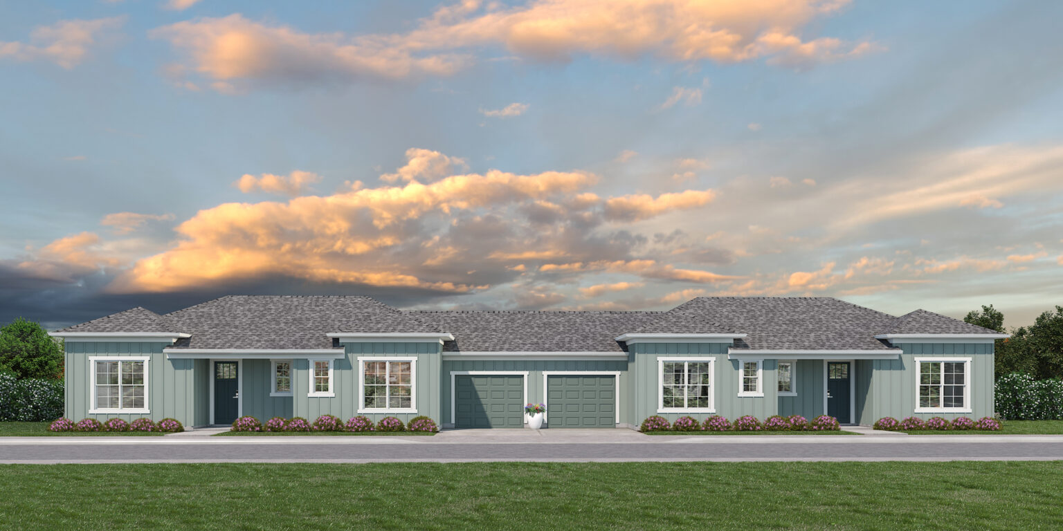 rendering of exterior home with sunset